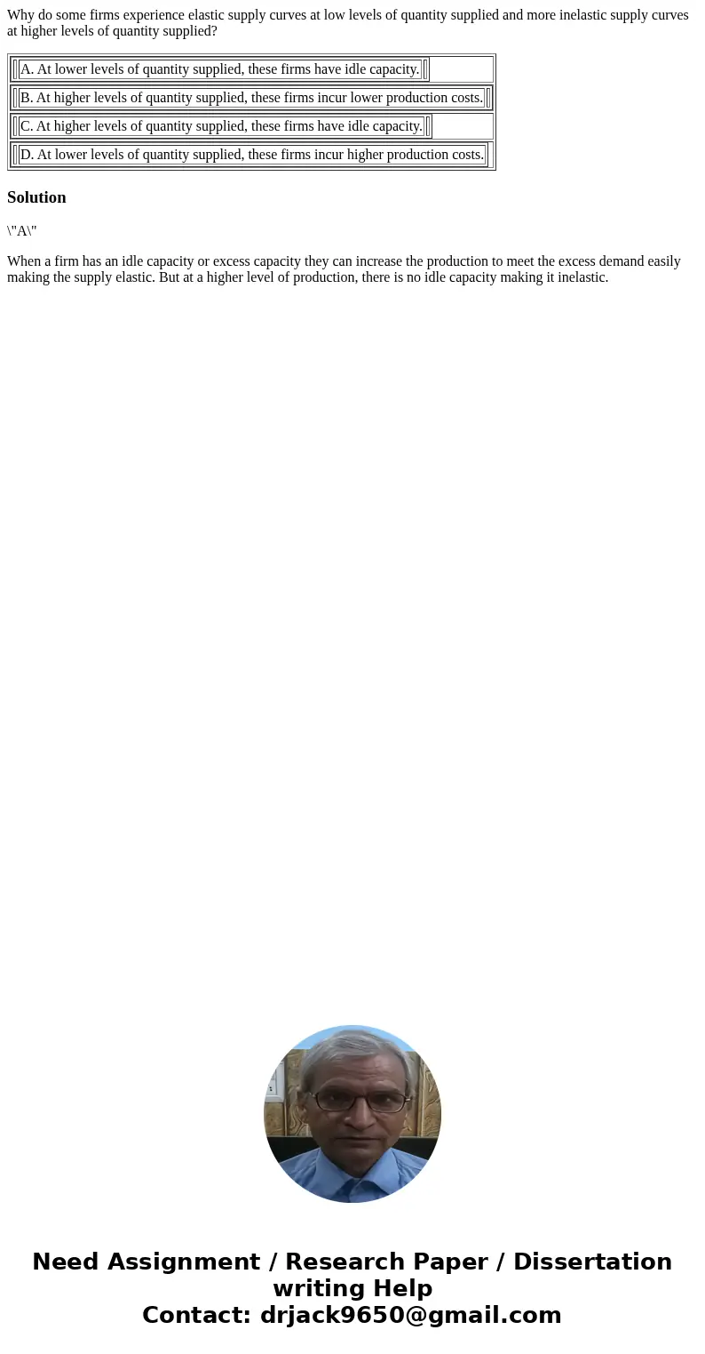 Why do some firms experience elastic supply curves at low levels of quantity supplied and more inelastic supply curves at higher levels of quantity supplied? A.
