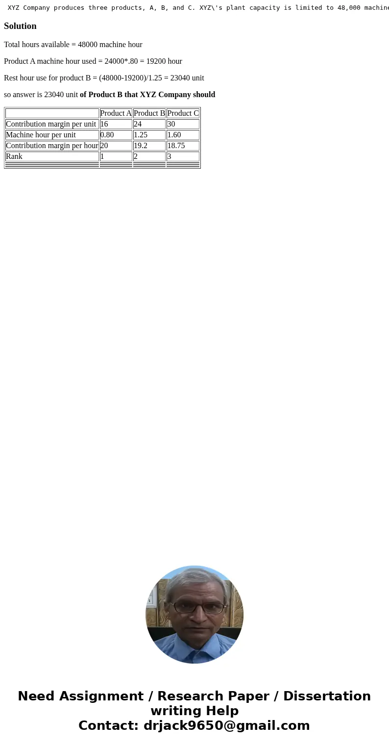 XYZ Company produces three products, A, B, and C. XYZ\'s plant capacity is limited to 48,000 machine hours per year. The following information is available for  XYZ Company produces three products, A, B, and C. XYZ\'s plant capacity is limited to 48,000 machine hours per year. The following information is available for