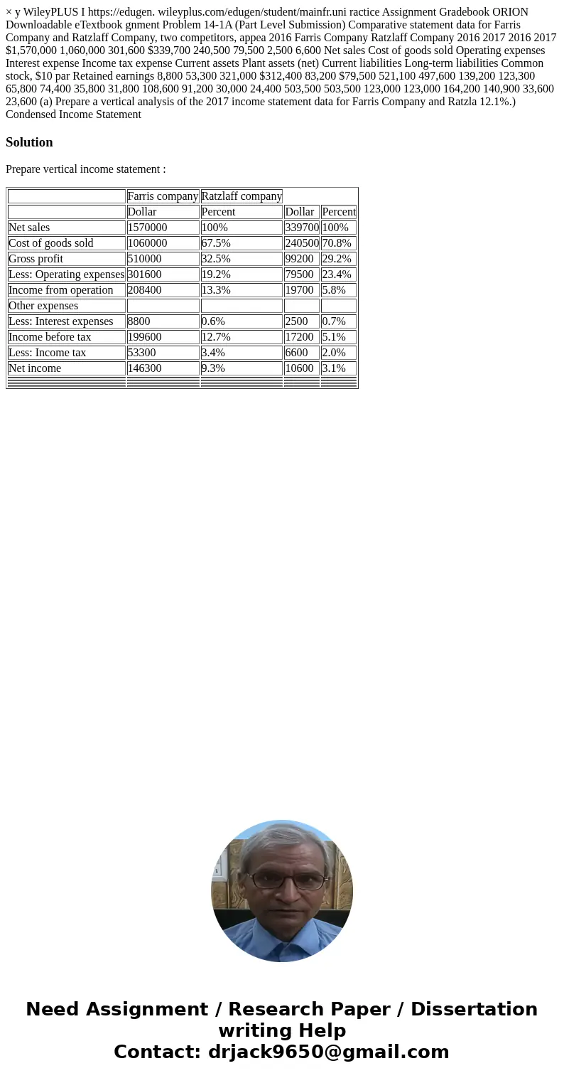  × y WileyPLUS I https://edugen. wileyplus.com/edugen/student/mainfr.uni ractice Assignment Gradebook ORION Downloadable eTextbook gnment Problem 14-1A (Part Le