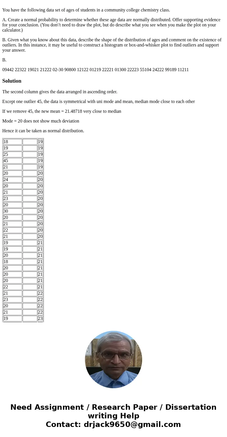 You have the following data set of ages of students in a community college chemistry class. A. Create a normal probability to determine whether these age data   You have the following data set of ages of students in a community college chemistry class. A. Create a normal probability to determine whether these age data