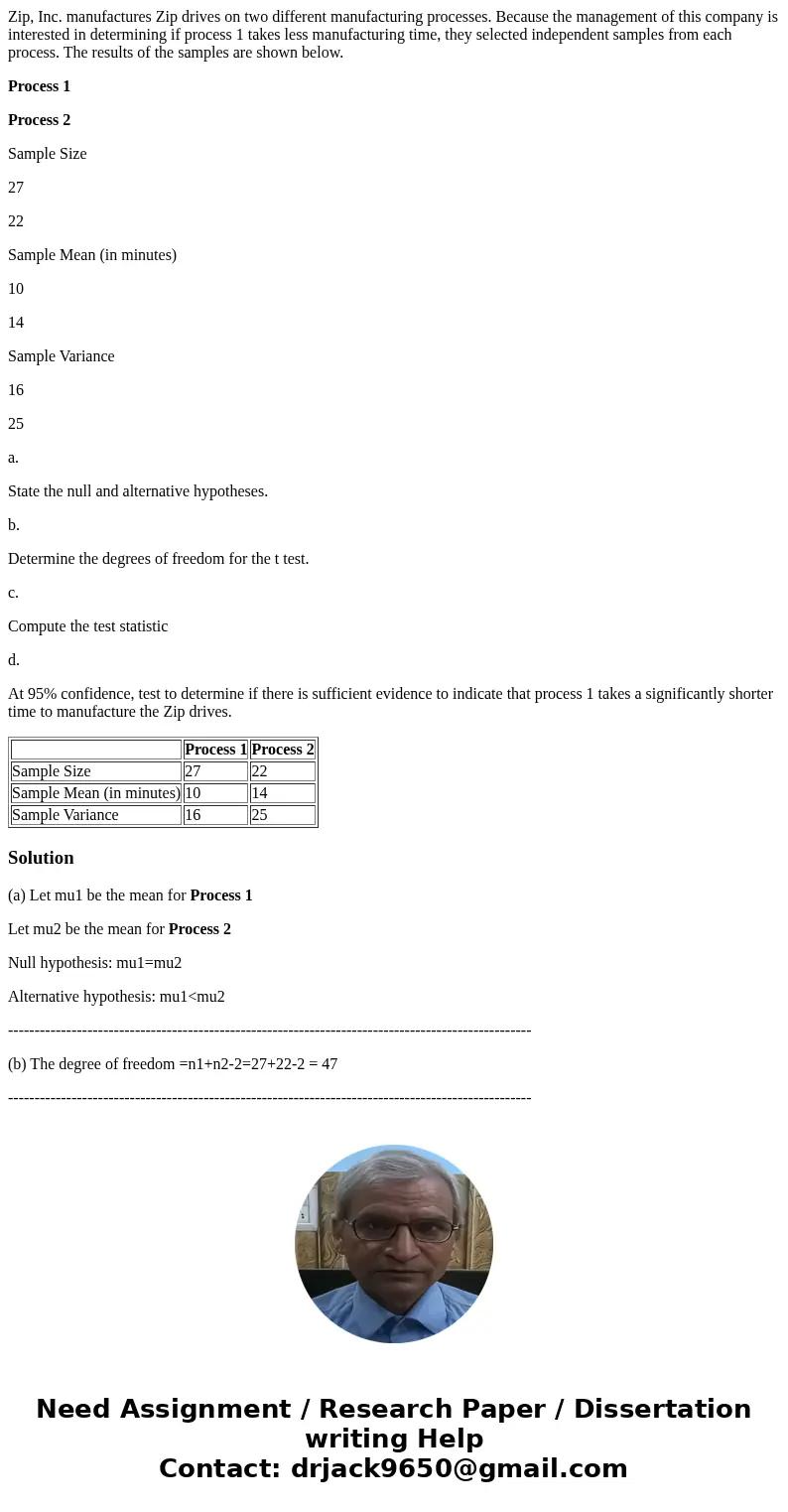 Zip, Inc. manufactures Zip drives on two different manufacturing processes. Because the management of this company is interested in determining if process 1 tak Zip, Inc. manufactures Zip drives on two different manufacturing processes. Because the management of this company is interested in determining if process 1 tak