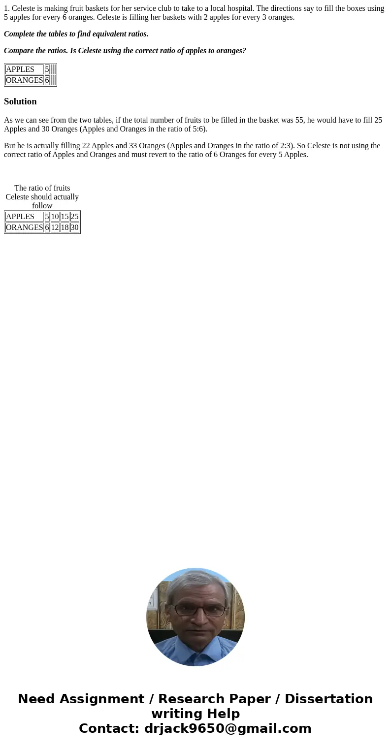 1. Celeste is making fruit baskets for her service club to take to a local hospital. The directions say to fill the boxes using 5 apples for every 6 oranges. Ce