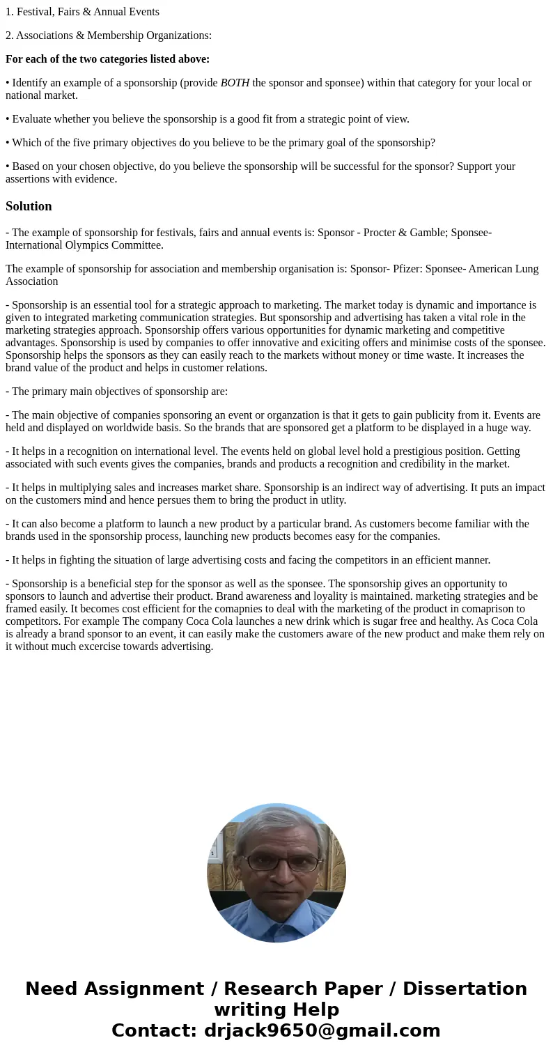 1. Festival, Fairs & Annual Events 2. Associations & Membership Organizations: For each of the two categories listed above: • Identify an example of a s