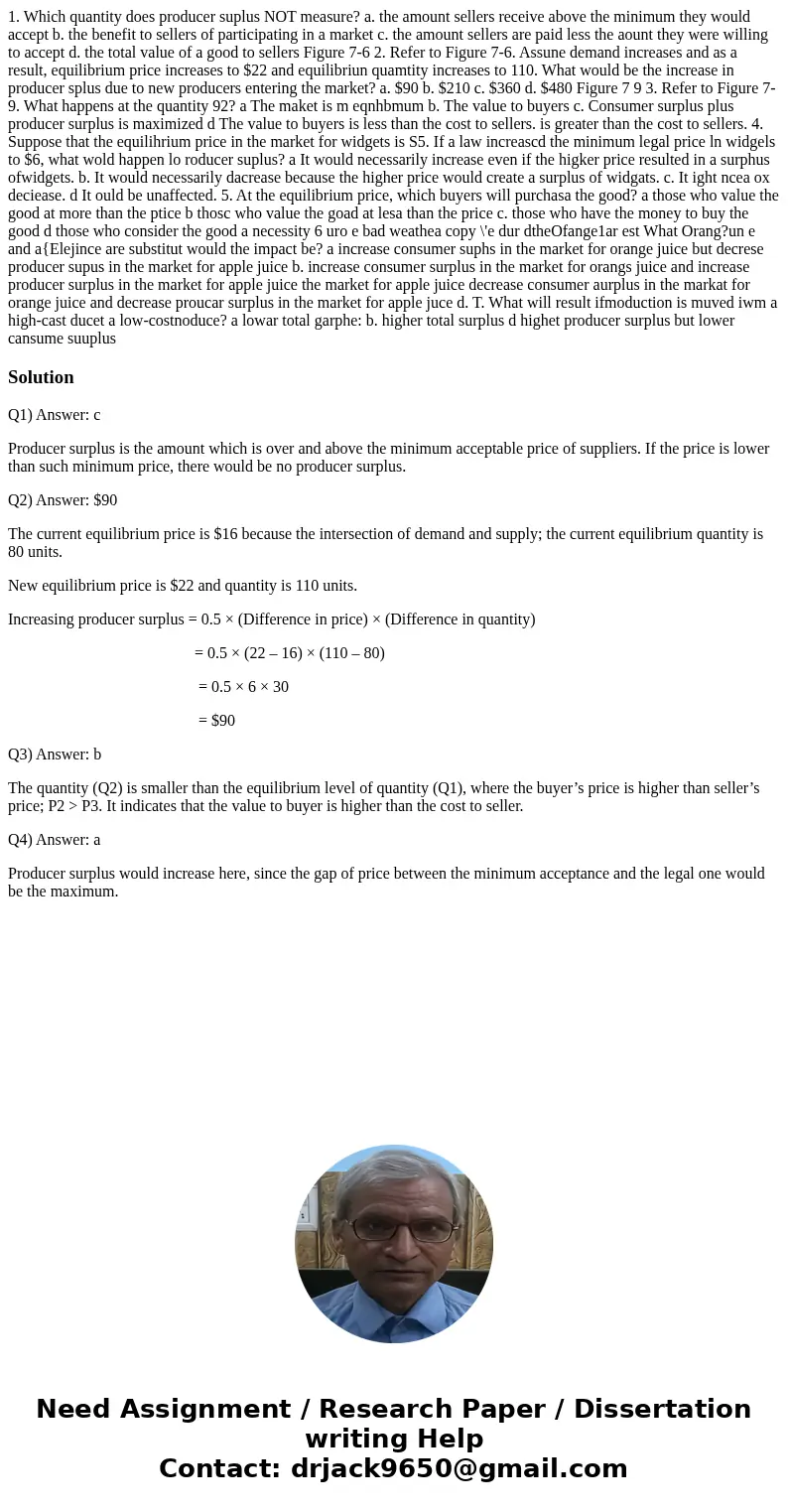  1. Which quantity does producer suplus NOT measure? a. the amount sellers receive above the minimum they would accept b. the benefit to sellers of participatin