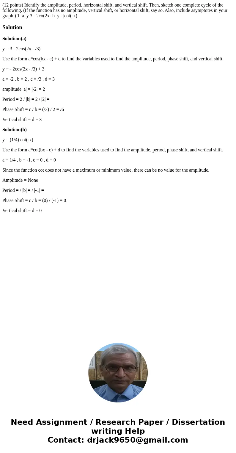(12 points) Identify the amplitude, period, horizontal shift, and vertical shift. Then, sketch one complete cycle of the following. (If the function has no amp  (12 points) Identify the amplitude, period, horizontal shift, and vertical shift. Then, sketch one complete cycle of the following. (If the function has no amp