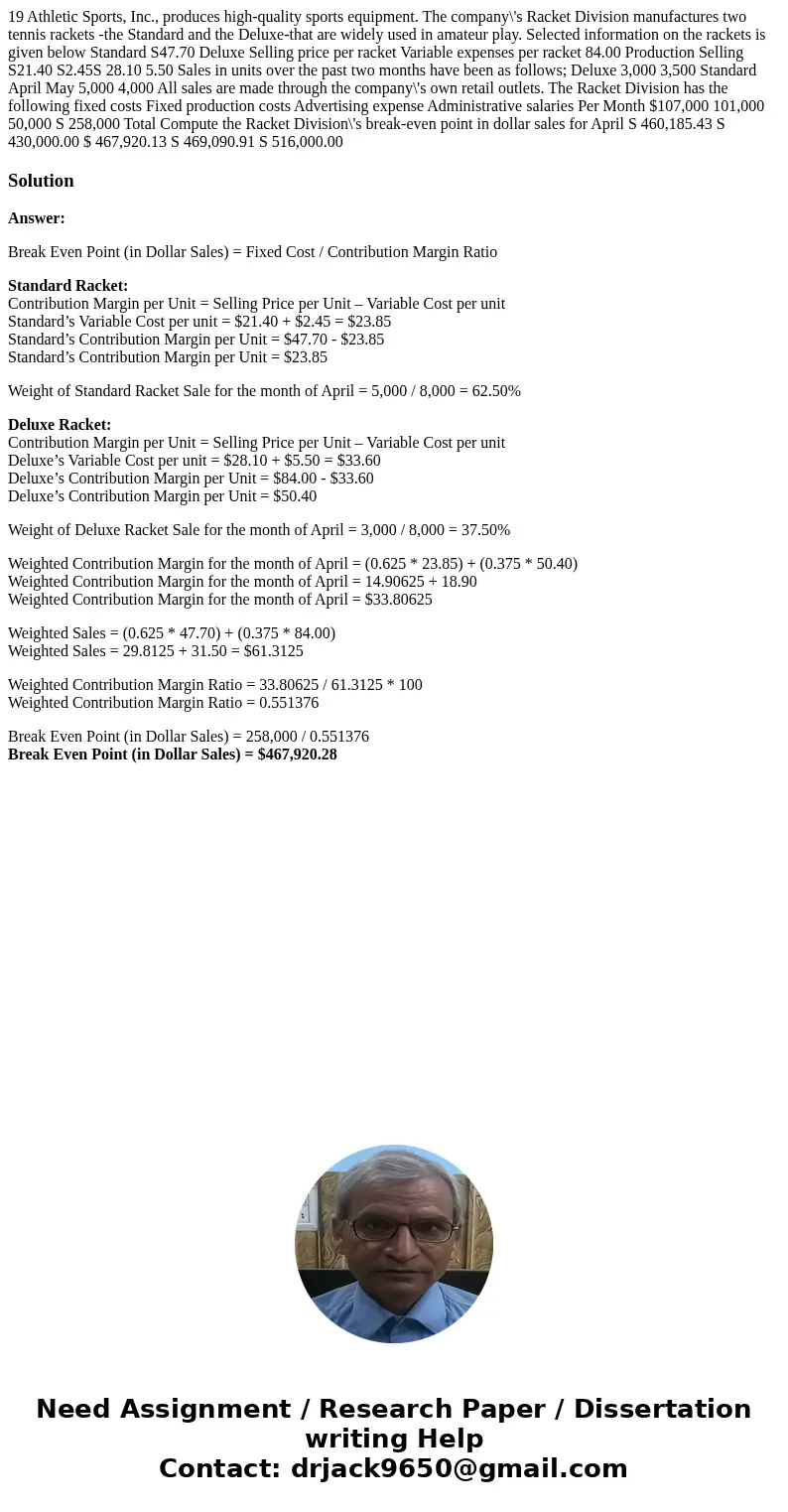  19 Athletic Sports, Inc., produces high-quality sports equipment. The company\'s Racket Division manufactures two tennis rackets -the Standard and the Deluxe-t