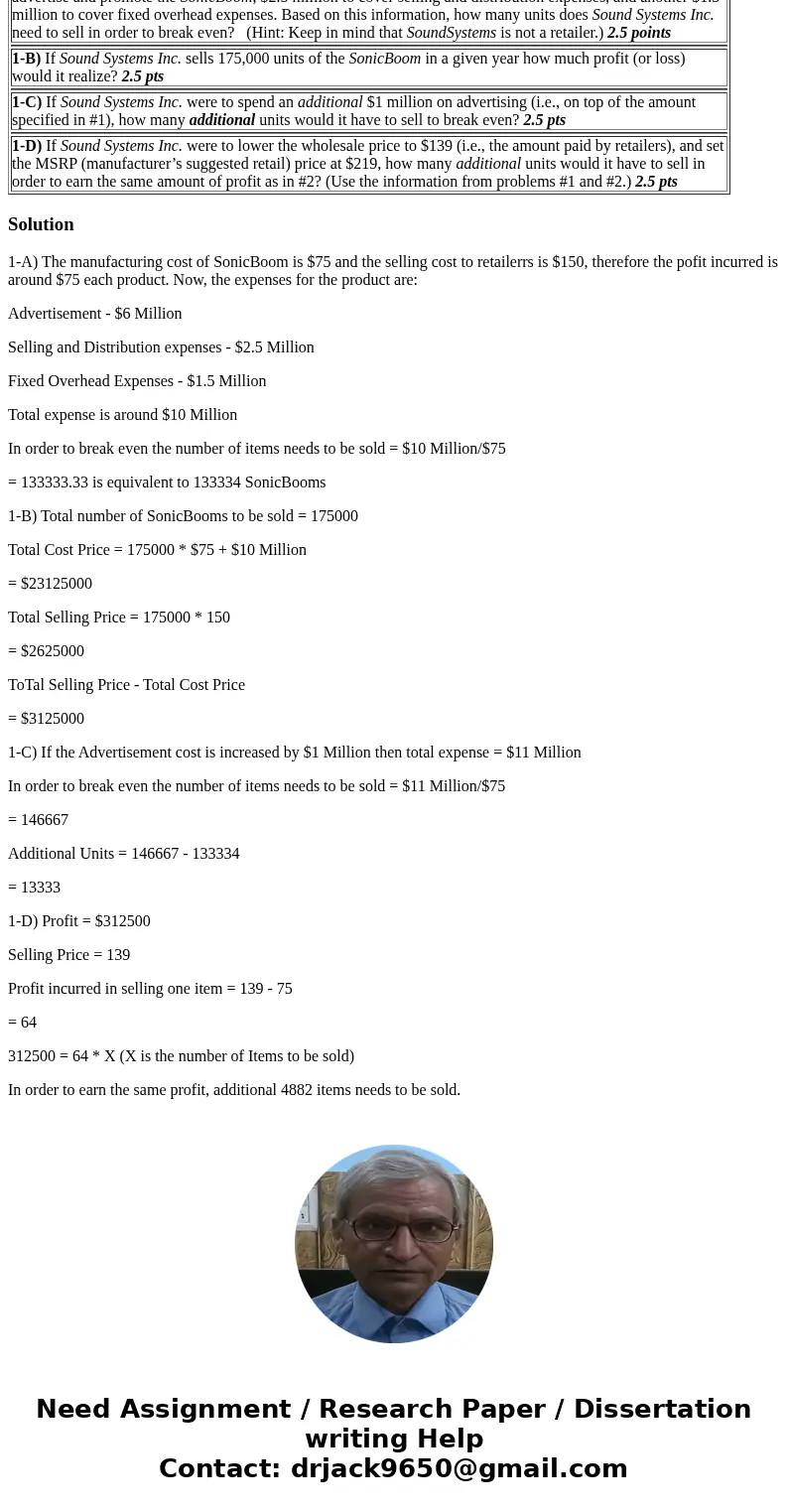 1-A) Sound Systems Inc. produces and markets wireless speakers. Management is thinking about developing a new model, the SonicBoom. The SonicBoom will cost appr