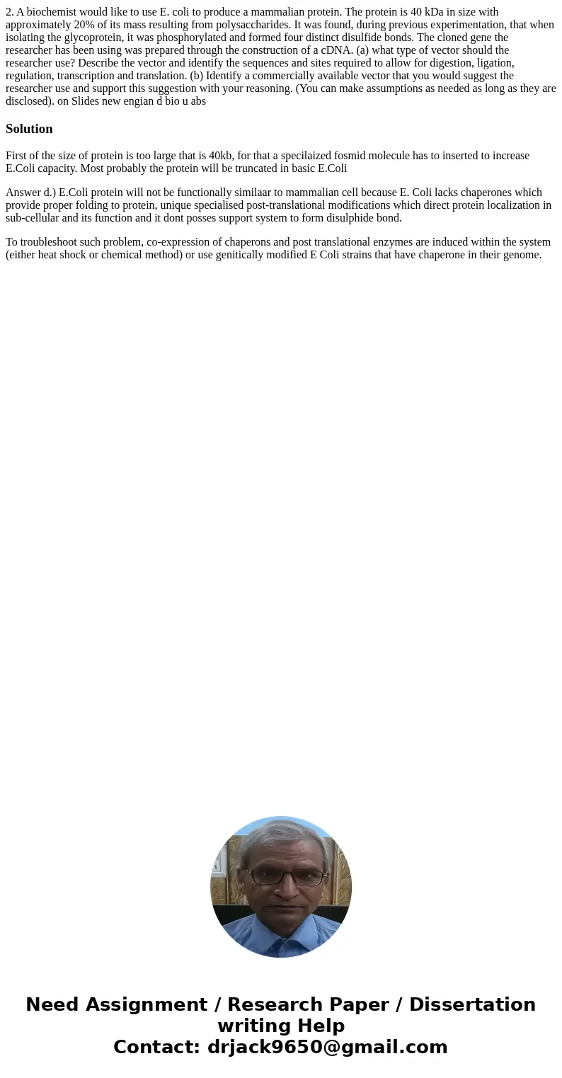 2. A biochemist would like to use E. coli to produce a mammalian protein. The protein is 40 kDa in size with approximately 20% of its mass resulting from polys  2. A biochemist would like to use E. coli to produce a mammalian protein. The protein is 40 kDa in size with approximately 20% of its mass resulting from polys