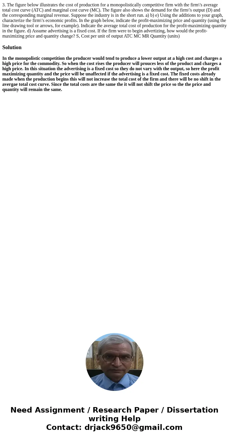  3. The figure below illustrates the cost of production for a monopolistically competitive firm with the firm\'s average total cost curve (ATC) and marginal cos