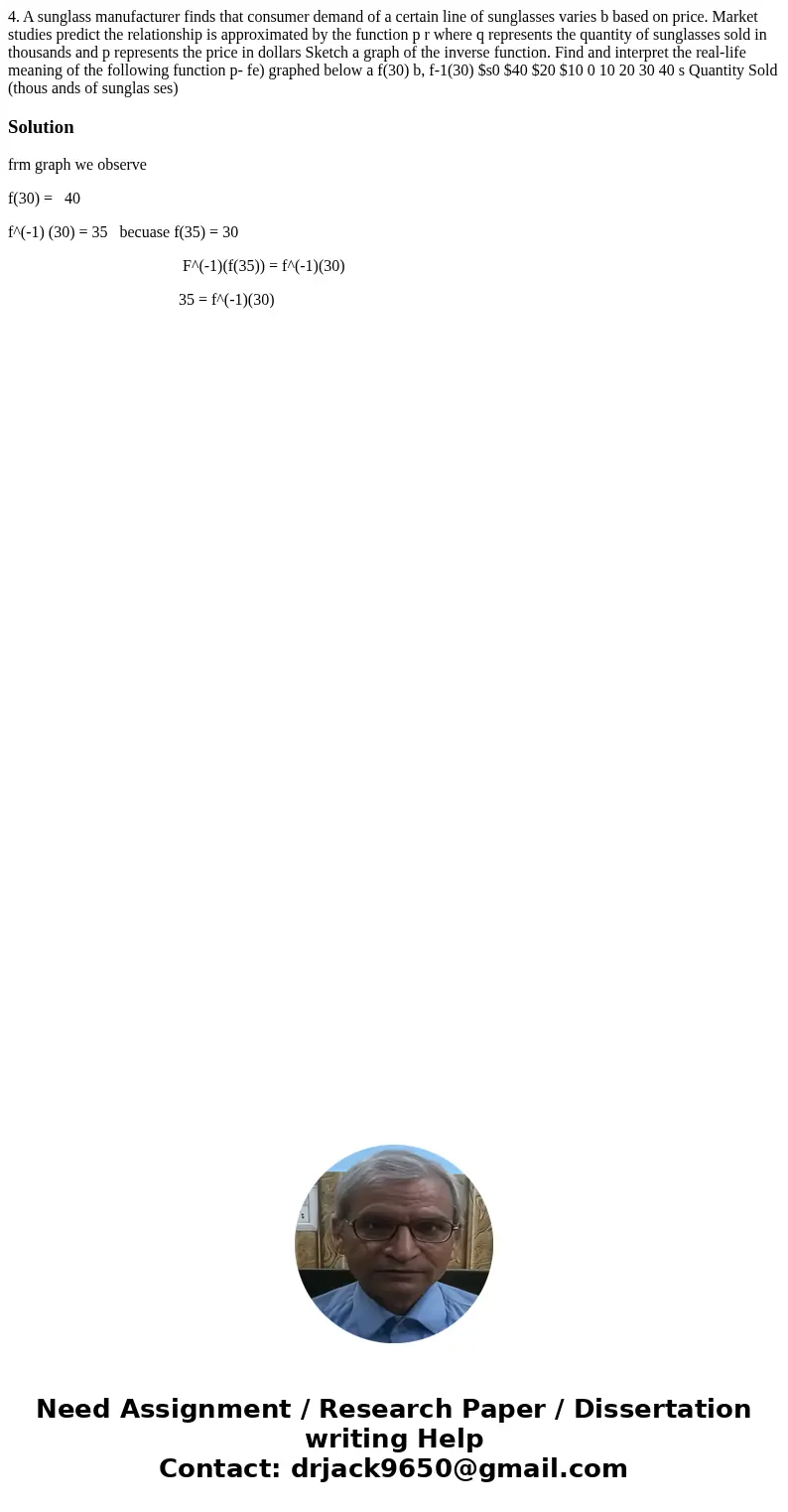  4. A sunglass manufacturer finds that consumer demand of a certain line of sunglasses varies b based on price. Market studies predict the relationship is appro