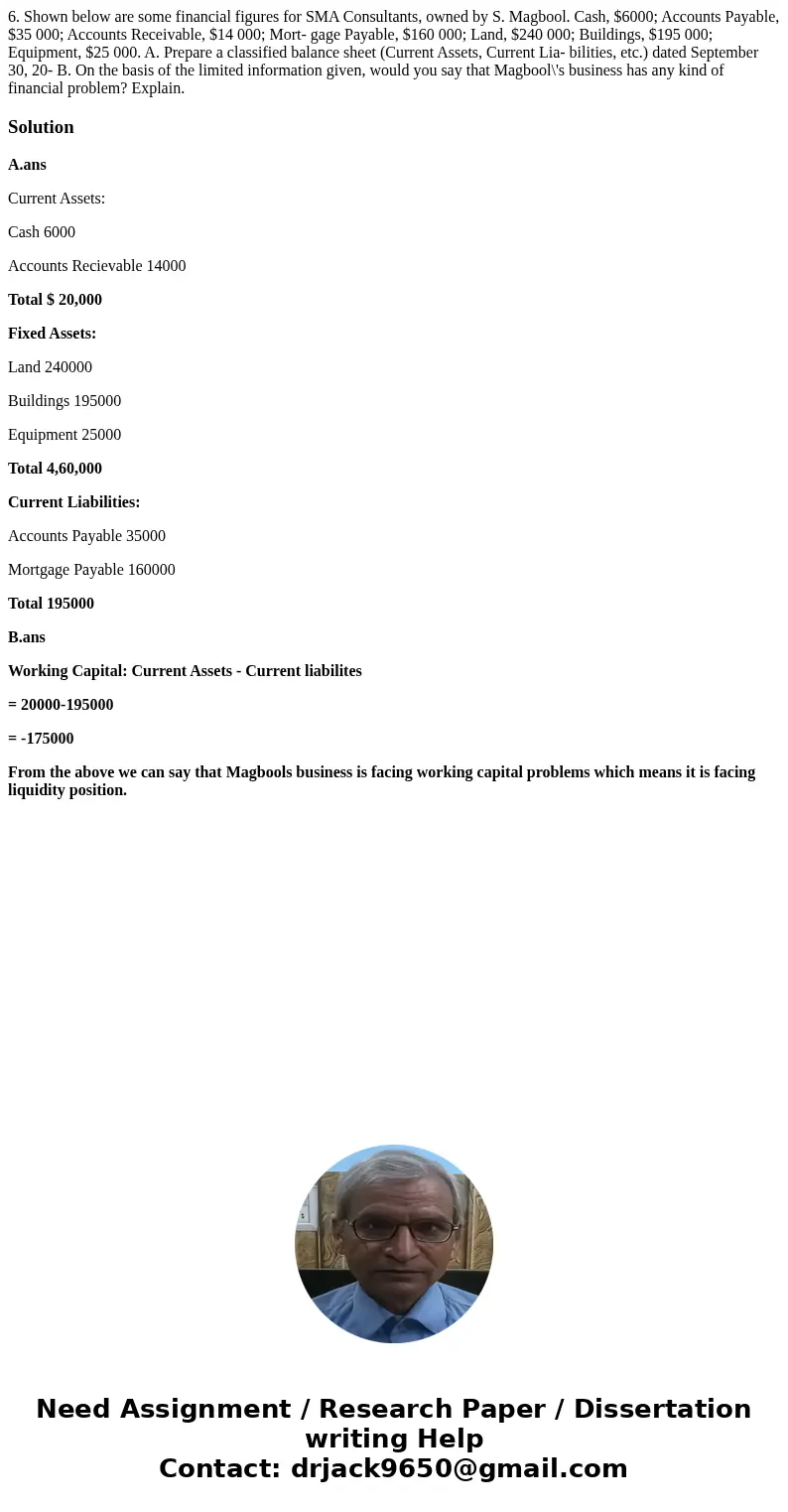 6. Shown below are some financial figures for SMA Consultants, owned by S. Magbool. Cash, $6000; Accounts Payable, $35 000; Accounts Receivable, $14 000; Mort-