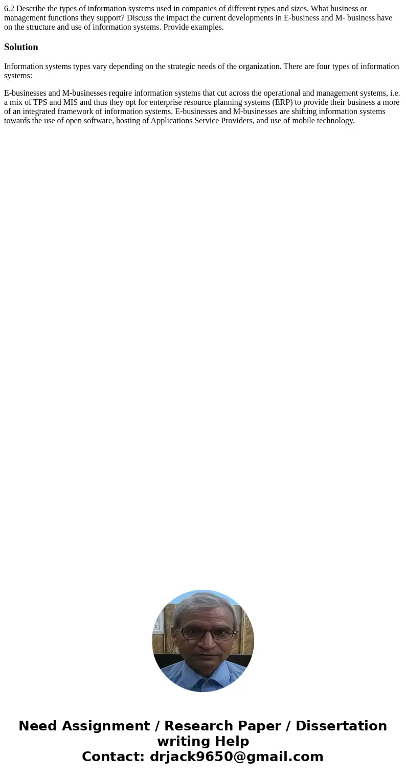 6.2 Describe the types of information systems used in companies of different types and sizes. What business or management functions they support? Discuss the im 6.2 Describe the types of information systems used in companies of different types and sizes. What business or management functions they support? Discuss the im