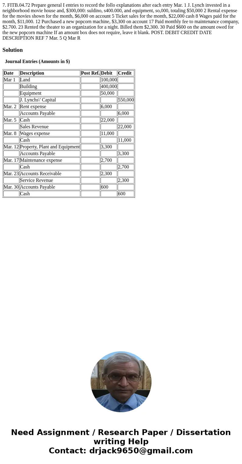  7. FITB.04.72 Prepare general I entries to record the follo explanations after each entry Mar. 1 J. Lynch invested in a neighborhood movie house and, $300,000: