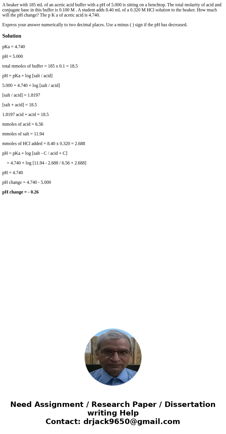 A beaker with 185 mL of an acetic acid buffer with a pH of 5.000 is sitting on a benchtop. The total molarity of acid and conjugate base in this buffer is 0.100