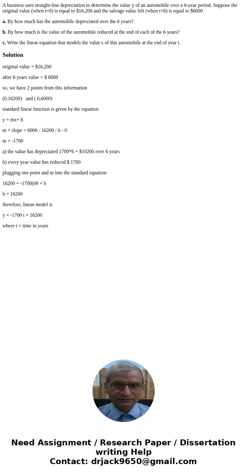 A business uses straight-line depreciation to determine the value y of an automobile over a 6-year period. Suppose the original value (when t=0) is equal to $16