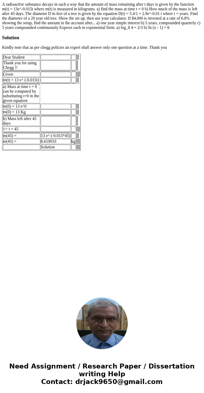  A radioactive substance decays in such a way that the amount of mass remaining after t days is given by the function m(t) = 13e^-0.015t where m(t) is measured 