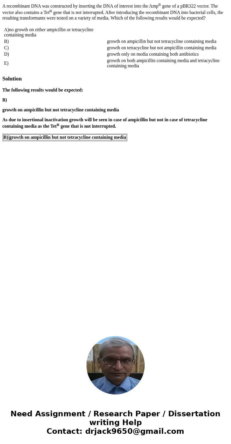 A recombinant DNA was constructed by inserting the DNA of interest into the AmpR gene of a pBR322 vector. The vector also contains a TetR gene that is not inter