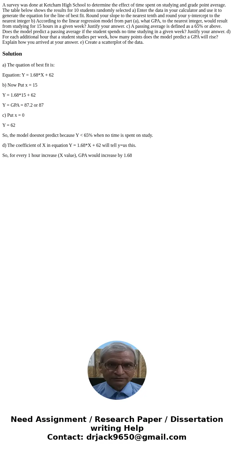  A survey was done at Ketcham High School to determine the effect of time spent on studying and grade point average. The table below shows the results for 10 st