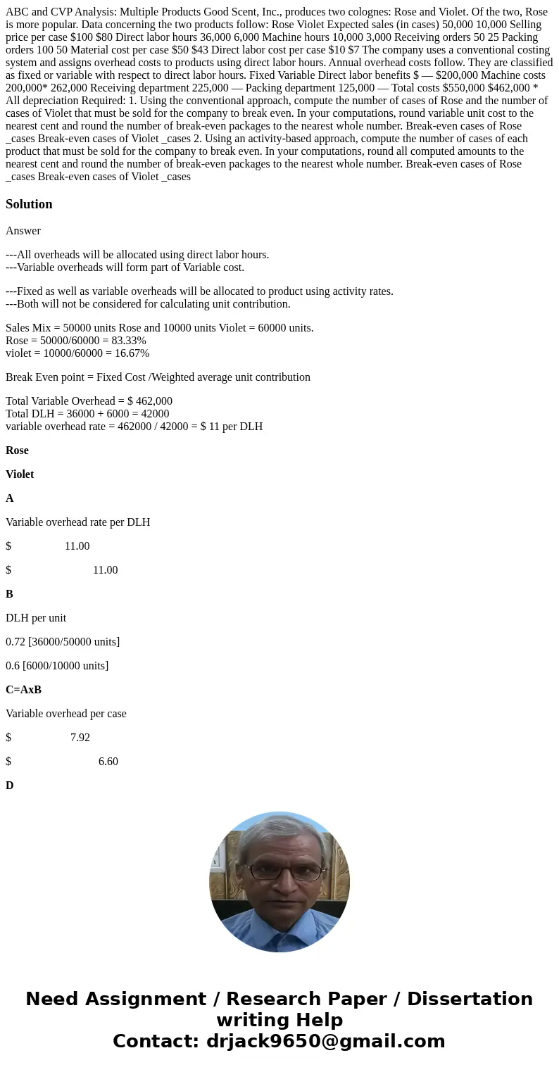 ABC and CVP Analysis: Multiple Products Good Scent, Inc., produces two colognes: Rose and Violet. Of the two, Rose is more popular. Data concerning the two prod ABC and CVP Analysis: Multiple Products Good Scent, Inc., produces two colognes: Rose and Violet. Of the two, Rose is more popular. Data concerning the two prod