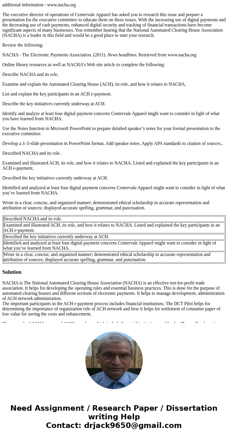 additional information : www.nacha.org The executive director of operations of Centervale Apparel has asked you to research this issue and prepare a presentatio