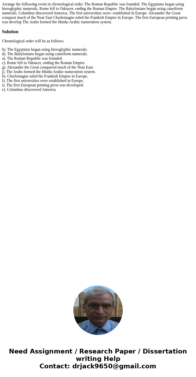 Arrange the following event in chronological order. The Roman Republic was founded. The Egyptians began using hieroglyphic numerals. Rome fell to Odoacer, endi  Arrange the following event in chronological order. The Roman Republic was founded. The Egyptians began using hieroglyphic numerals. Rome fell to Odoacer, endi
