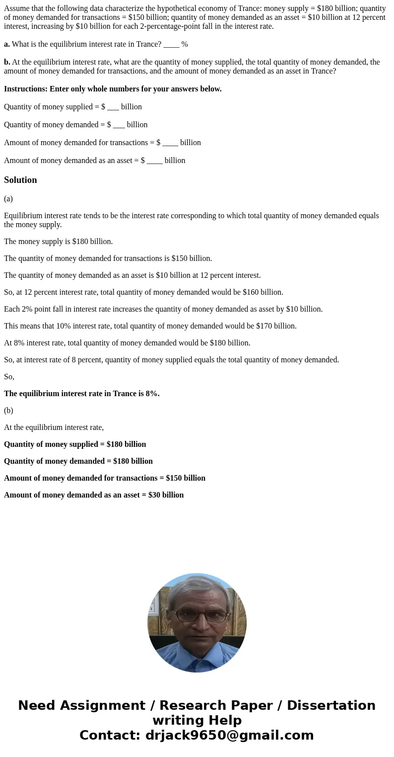 Assume that the following data characterize the hypothetical economy of Trance: money supply = $180 billion; quantity of money demanded for transactions = $150  Assume that the following data characterize the hypothetical economy of Trance: money supply = $180 billion; quantity of money demanded for transactions = $150