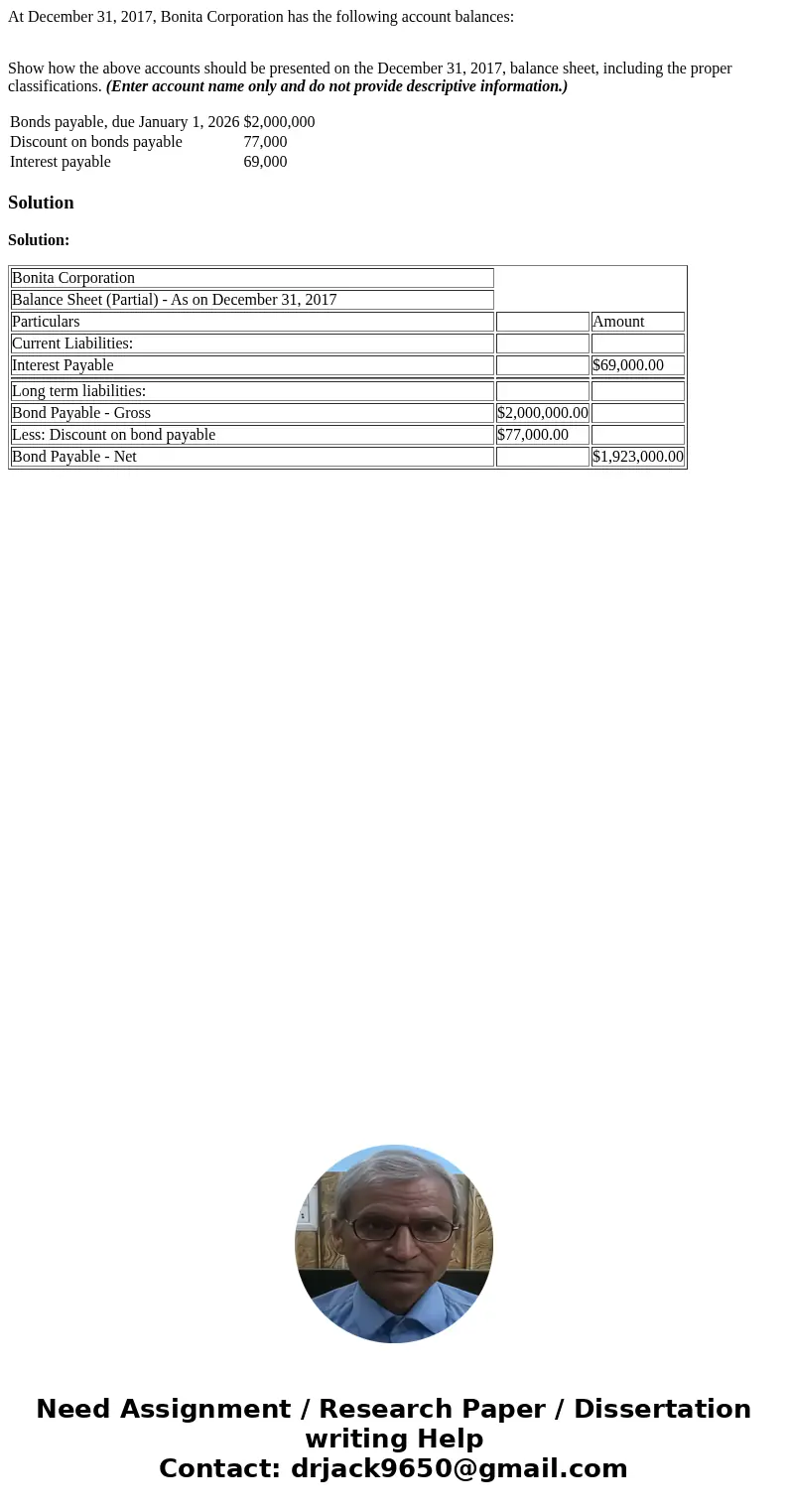 At December 31, 2017, Bonita Corporation has the following account balances: Show how the above accounts should be presented on the December 31, 2017, balance s