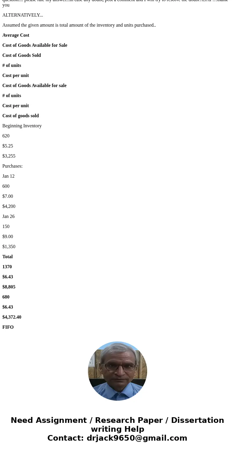  At the end of January 2014, the records of Donner Company showed the following for a particular item that sold at $17.40 per unit: Transactions Units Amount 62