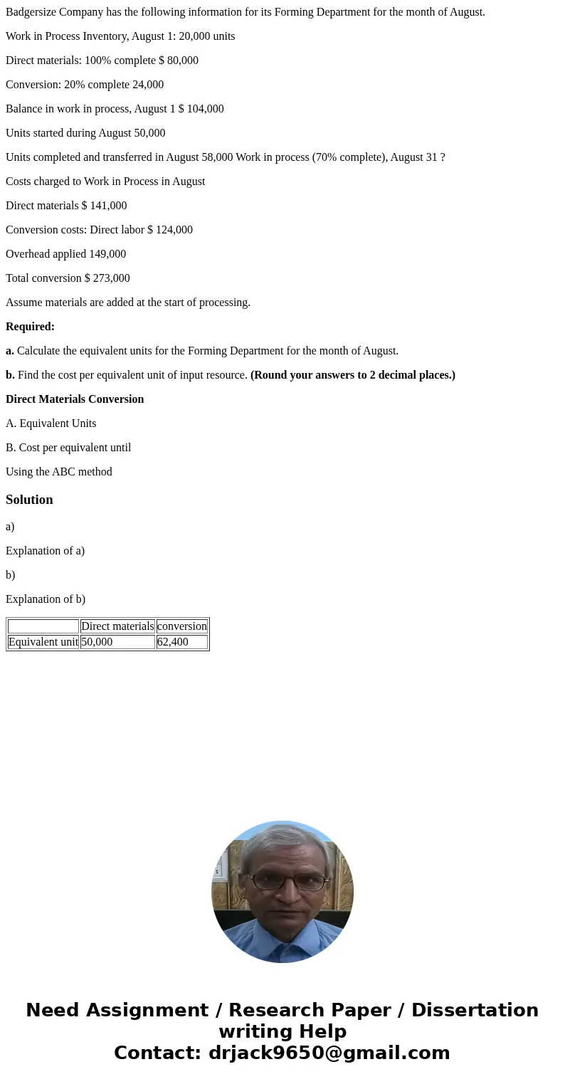 Badgersize Company has the following information for its Forming Department for the month of August. Work in Process Inventory, August 1: 20,000 units Direct ma