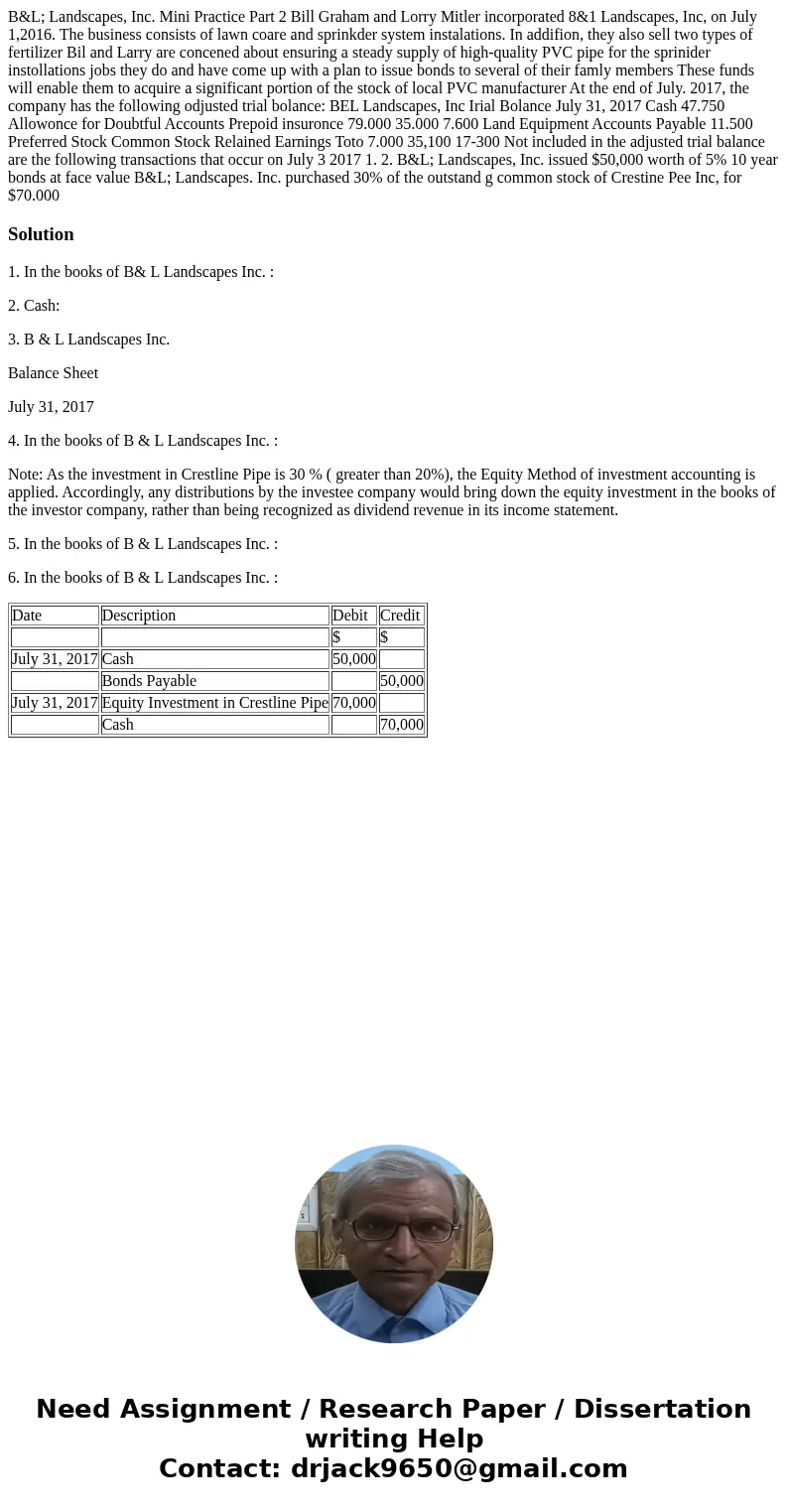  B&L; Landscapes, Inc. Mini Practice Part 2 Bill Graham and Lorry Mitler incorporated 8&1 Landscapes, Inc, on July 1,2016. The business consists of lawn
