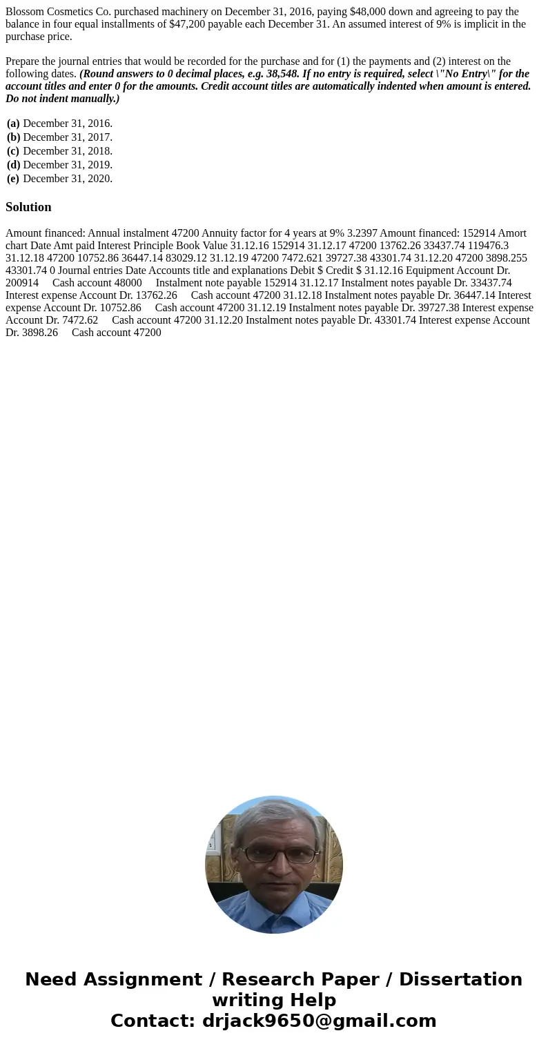 Blossom Cosmetics Co. purchased machinery on December 31, 2016, paying $48,000 down and agreeing to pay the balance in four equal installments of $47,200 payabl