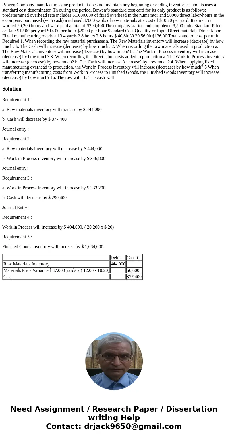  Bowen Company manufactures one product, it does not maintain any beginning or ending inventories, and its uses a standard cost denominator. Th during the perio