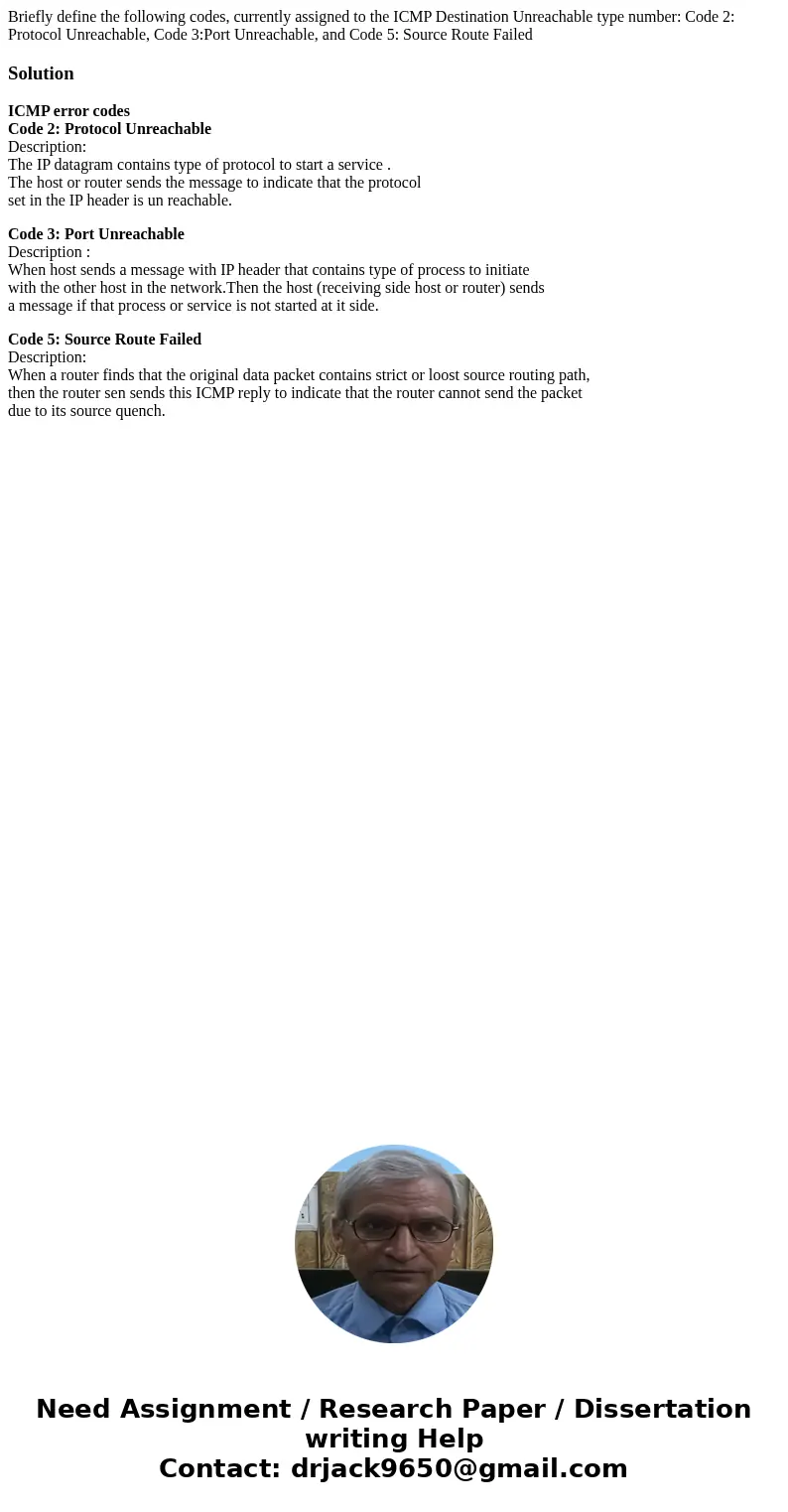Briefly define the following codes, currently assigned to the ICMP Destination Unreachable type number: Code 2: Protocol Unreachable, Code 3:Port Unreachable, a