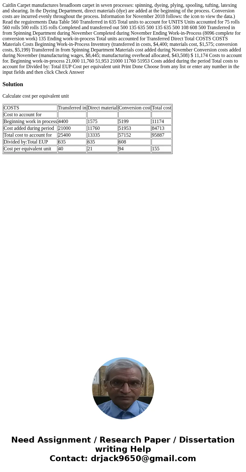  Caitlin Carpet manufactures broadloom carpet in seven processes: spinning, dyeing, plying, spooling, tufting, latexing and shearing. In the Dyeing Department, 