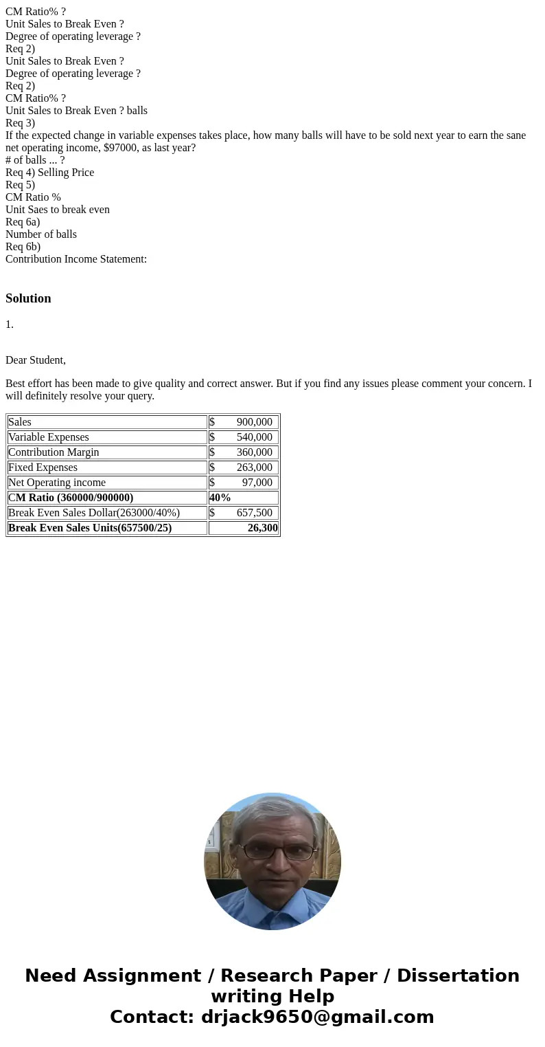 CM Ratio% ? Unit Sales to Break Even ? Degree of operating leverage ? Req 2) Unit Sales to Break Even ? Degree of operating leverage ? Req 2) CM Ratio% ? Unit S