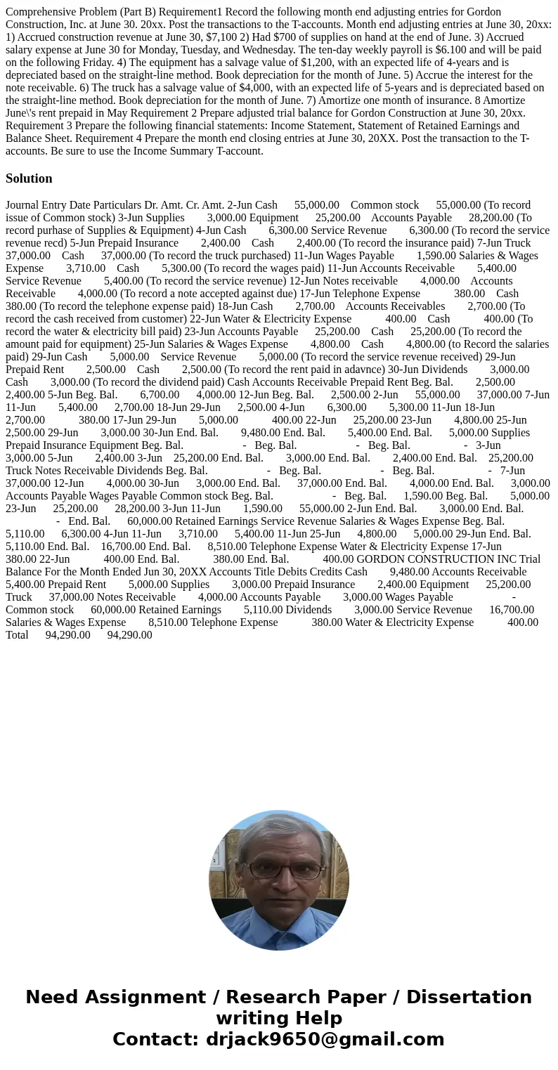  Comprehensive Problem (Part B) Requirement1 Record the following month end adjusting entries for Gordon Construction, Inc. at June 30. 20xx. Post the transacti