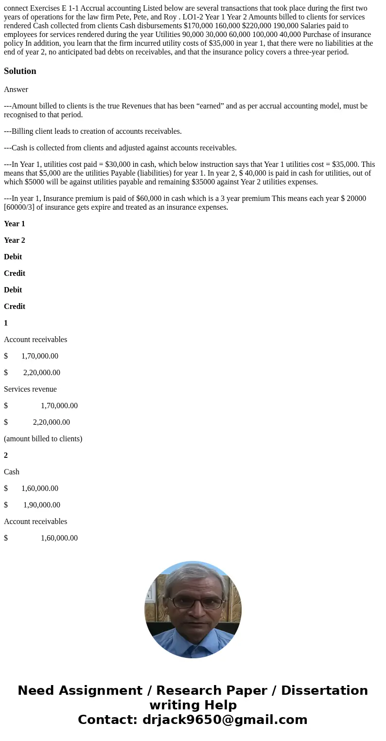  connect Exercises E 1-1 Accrual accounting Listed below are several transactions that took place during the first two years of operations for the law firm Pete