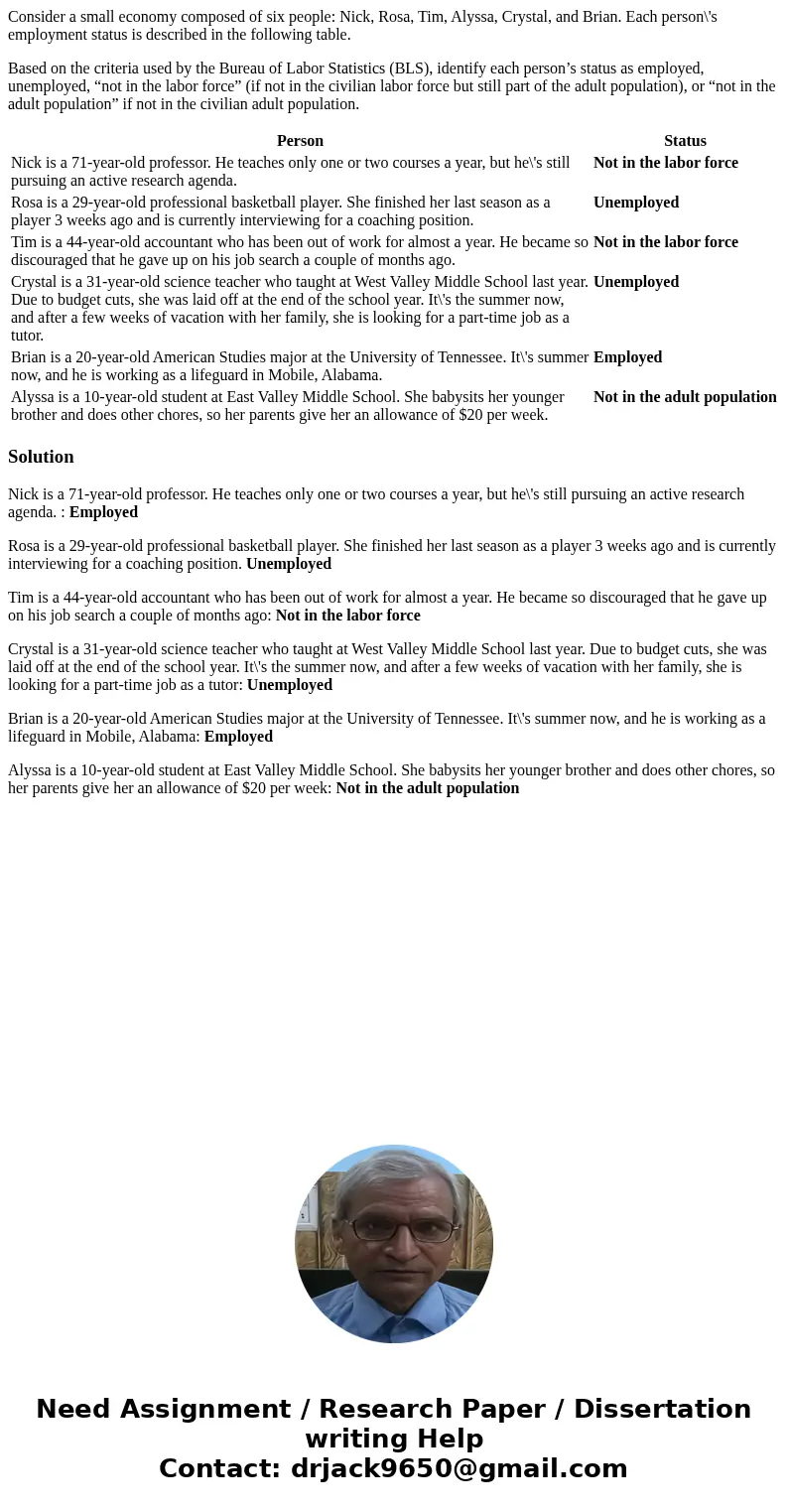 Consider a small economy composed of six people: Nick, Rosa, Tim, Alyssa, Crystal, and Brian. Each person\'s employment status is described in the following tab