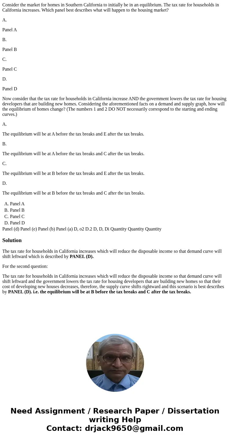 Consider the market for homes in Southern California to initially be in an equilibrium. The tax rate for households in California increases. Which panel best de