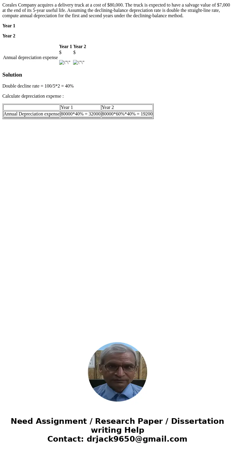Corales Company acquires a delivery truck at a cost of $80,000. The truck is expected to have a salvage value of $7,000 at the end of its 5-year useful life. As