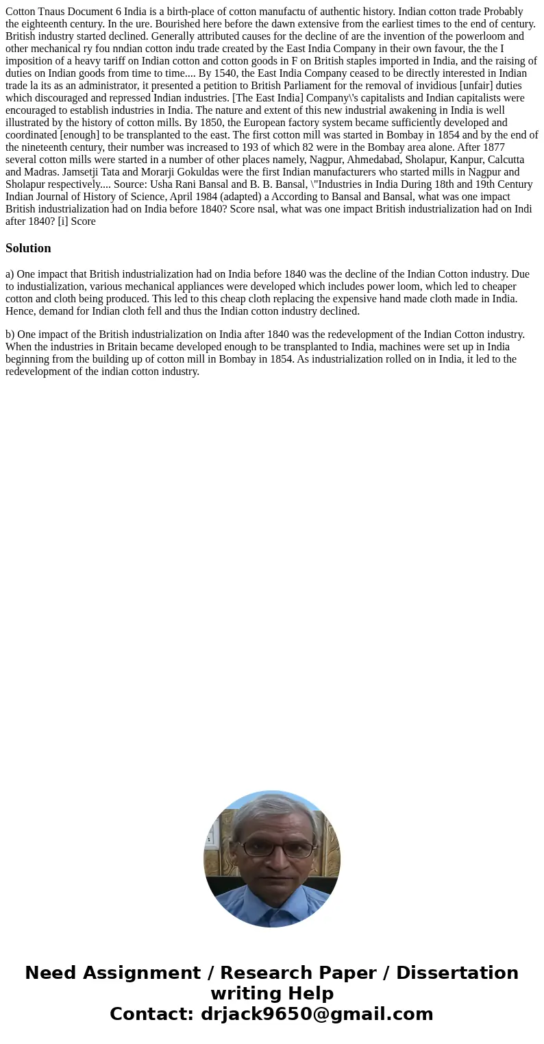  Cotton Tnaus Document 6 India is a birth-place of cotton manufactu of authentic history. Indian cotton trade Probably the eighteenth century. In the ure. Bouri