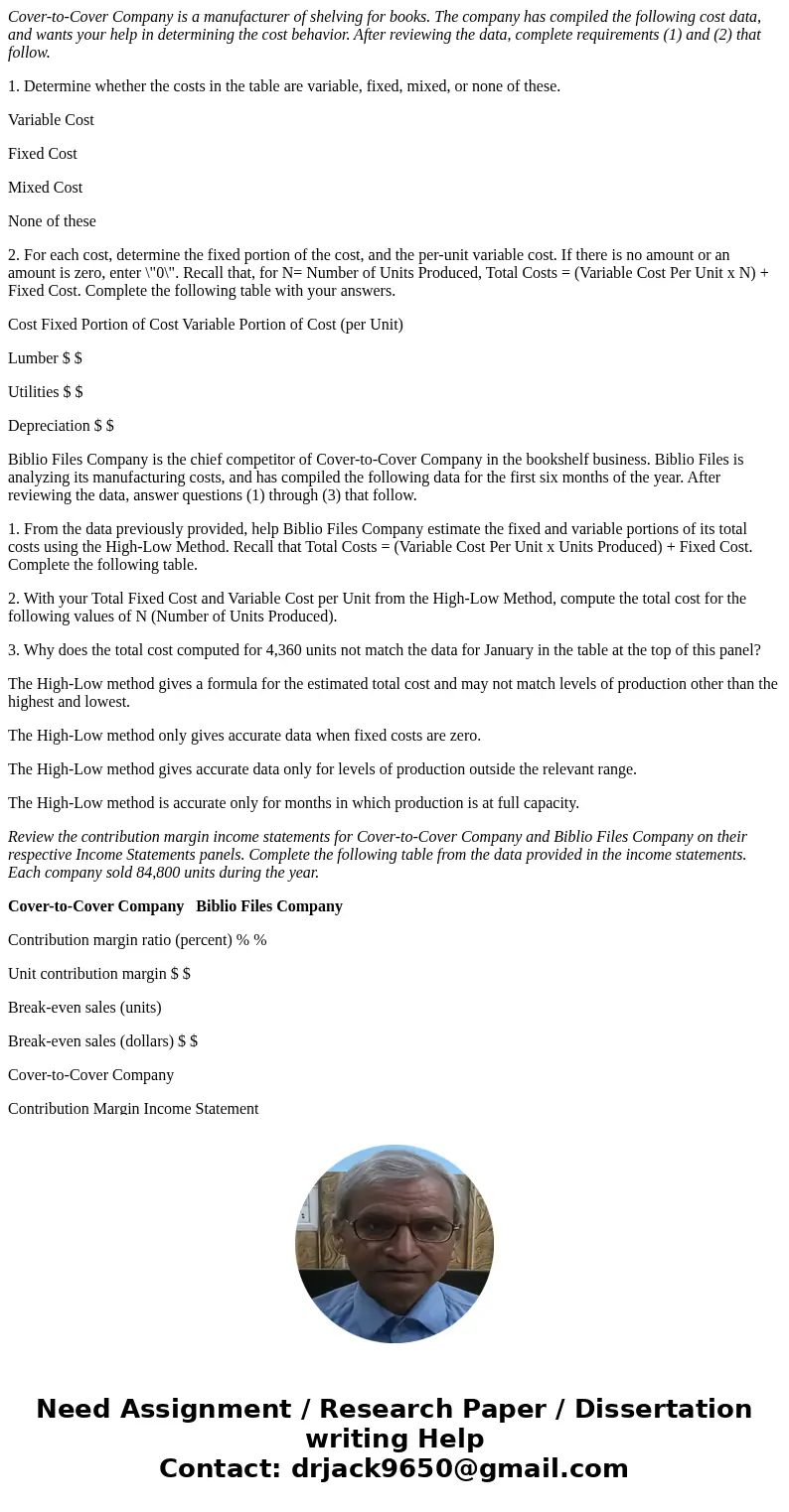 Cover-to-Cover Company is a manufacturer of shelving for books. The company has compiled the following cost data, and wants your help in determining the cost be