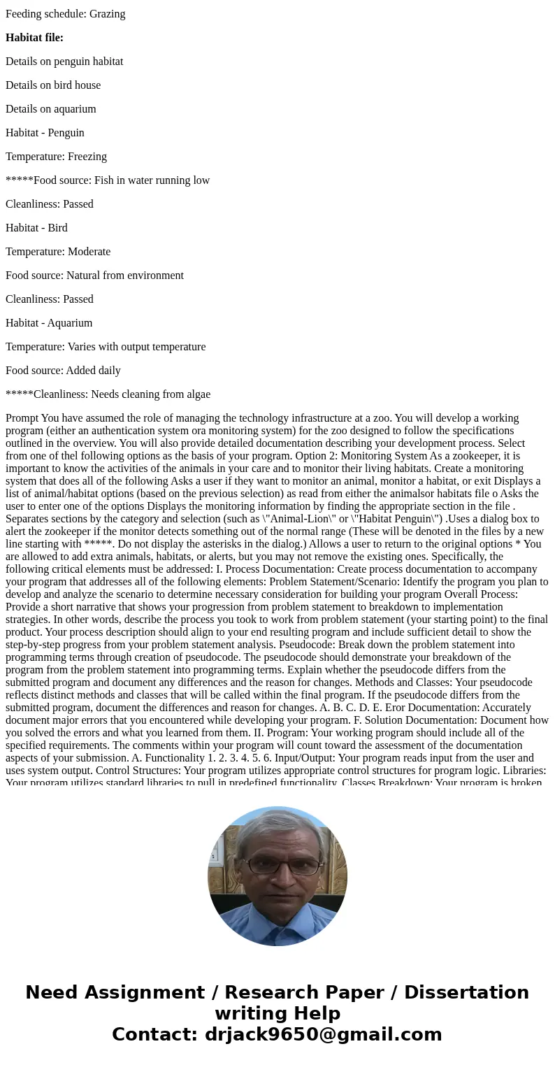 Create a program for a zookeeper monitoring system using two classes. One to be used to determine what the user wants to do, monitor animals or habitats. The ot Create a program for a zookeeper monitoring system using two classes. One to be used to determine what the user wants to do, monitor animals or habitats. The ot