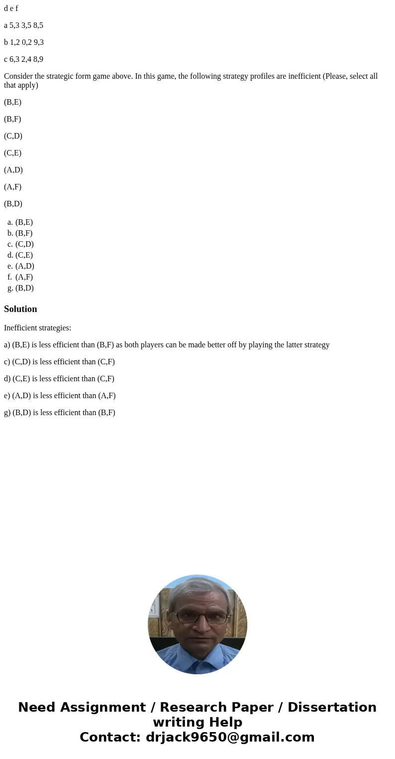 d e f a 5,3 3,5 8,5 b 1,2 0,2 9,3 c 6,3 2,4 8,9 Consider the strategic form game above. In this game, the following strategy profiles are inefficient (Please, s
