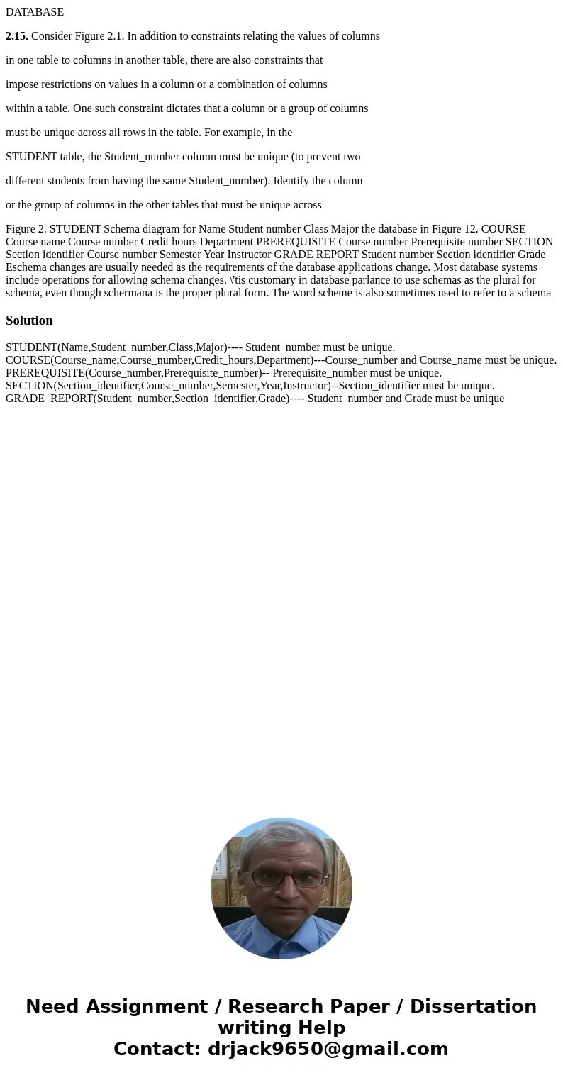 DATABASE 2.15. Consider Figure 2.1. In addition to constraints relating the values of columns in one table to columns in another table, there are also constrain DATABASE 2.15. Consider Figure 2.1. In addition to constraints relating the values of columns in one table to columns in another table, there are also constrain