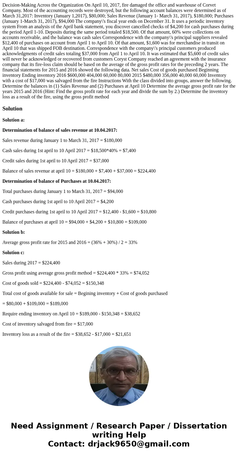  Decision-Making Across the Organization On April 10, 2017, fire damaged the office and warehouse of Corvet Company. Most of the accounting records were destroy