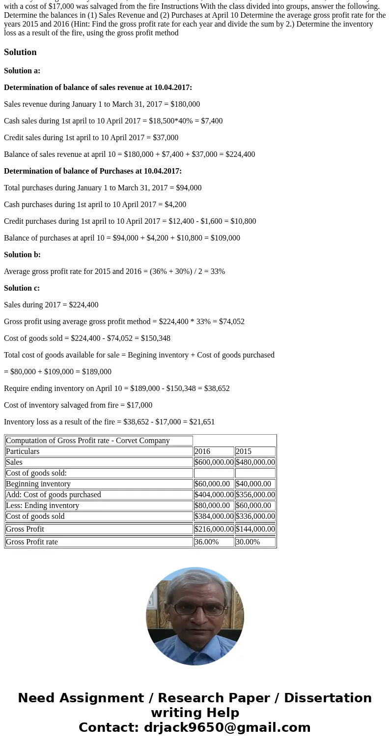  Decision-Making Across the Organization On April 10, 2017, fire damaged the office and warehouse of Corvet Company. Most of the accounting records were destroy