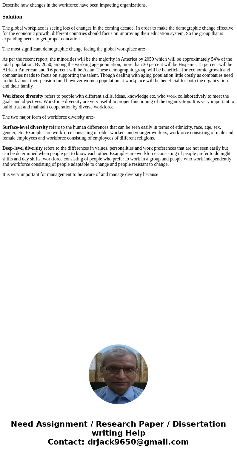 Describe how changes in the workforce have been impacting organizations.SolutionThe global workplace is seeing lots of changes in the coming decade. In order to Describe how changes in the workforce have been impacting organizations.SolutionThe global workplace is seeing lots of changes in the coming decade. In order to