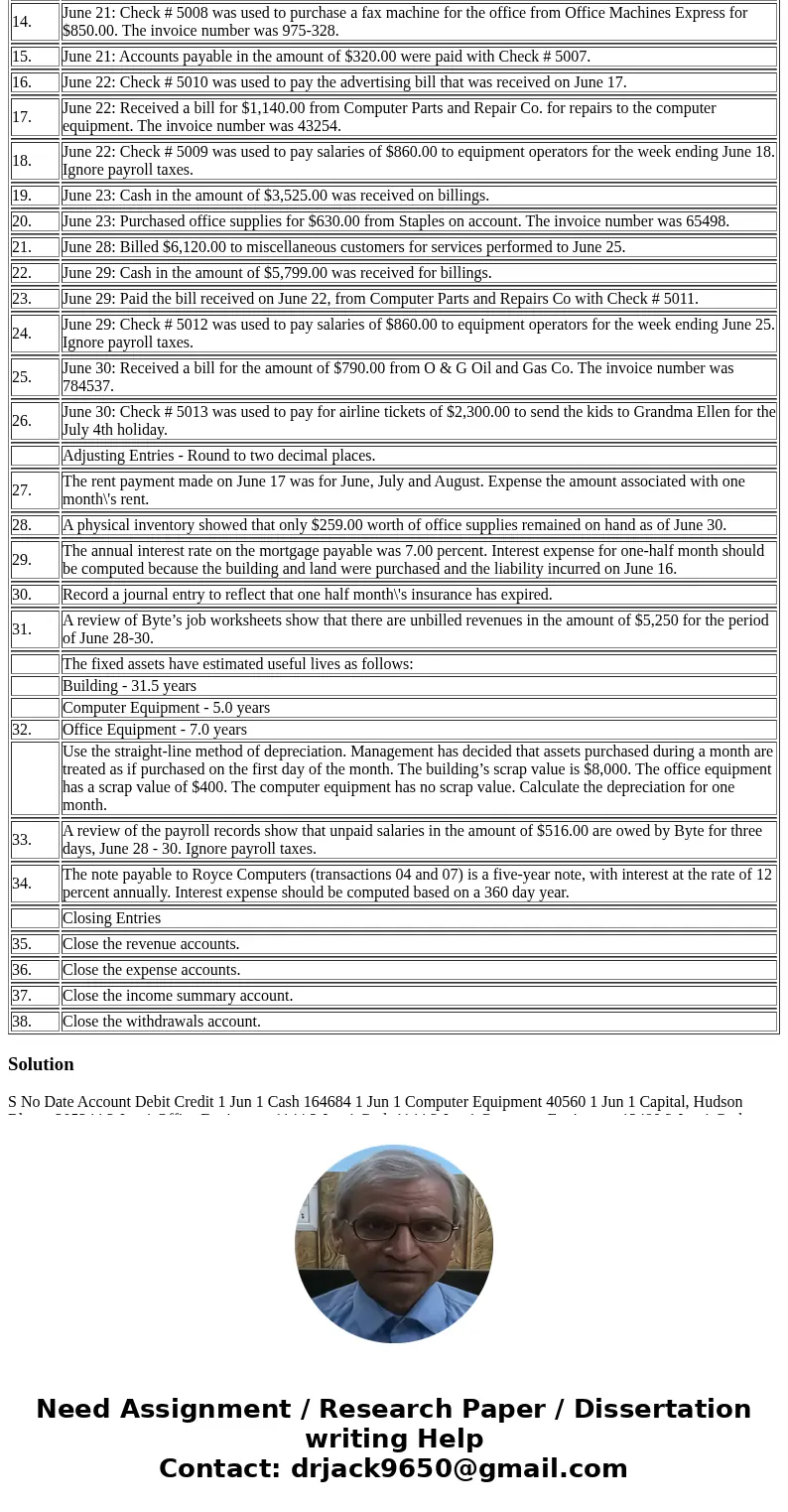 Description of transaction 01. June 1: Hudson Bloom invested $164,684.00 cash and computer equipment with a fair market value of $40,560.00 in his new business  Description of transaction 01. June 1: Hudson Bloom invested $164,684.00 cash and computer equipment with a fair market value of $40,560.00 in his new business