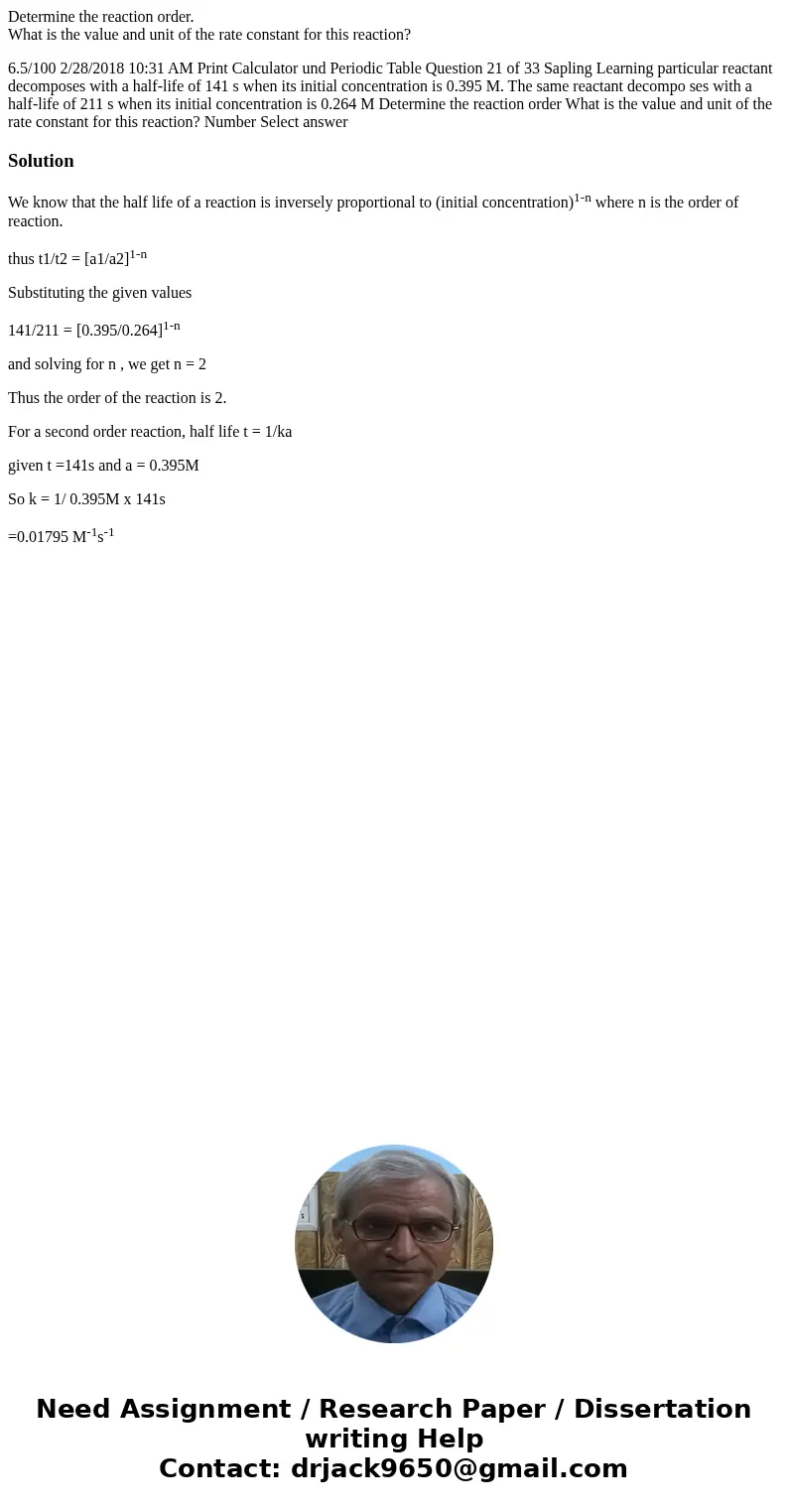 Determine the reaction order. What is the value and unit of the rate constant for this reaction? 6.5/100 2/28/2018 10:31 AM Print Calculator und Periodic Table 